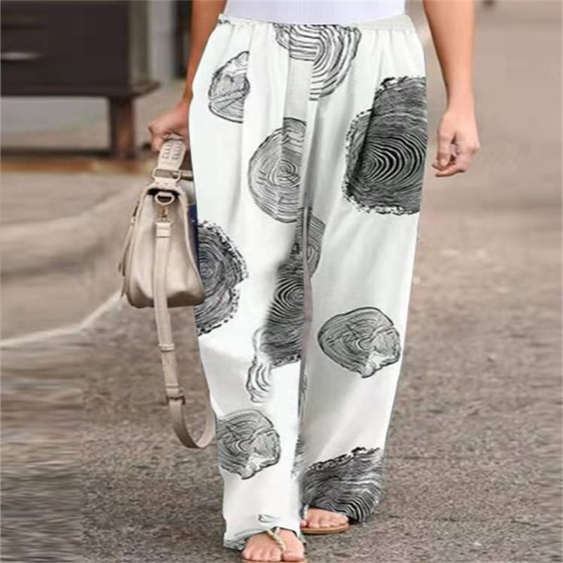 Bumbac Imprimat și In Casual Confortabil Talie Elastică Pantaloni Lungi cu Picior Larg pentru Femei