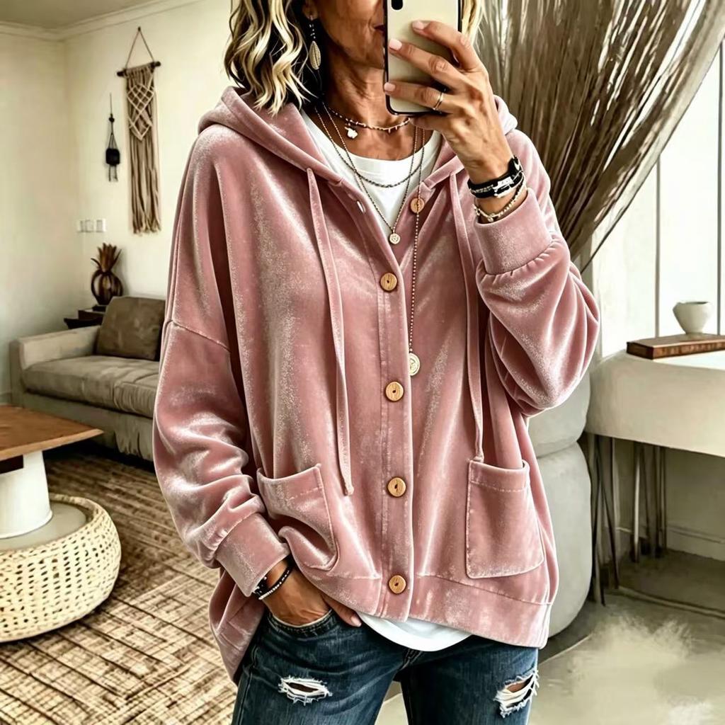 Women's Color Velvet Button Hooded Long Sleeve Cardigan for Casual Daily Wear