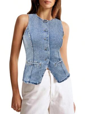 Damska kamizelka dżinsowa zapinana na guziki, bez rękawów, top typu tank top, casualowa kamizelka
