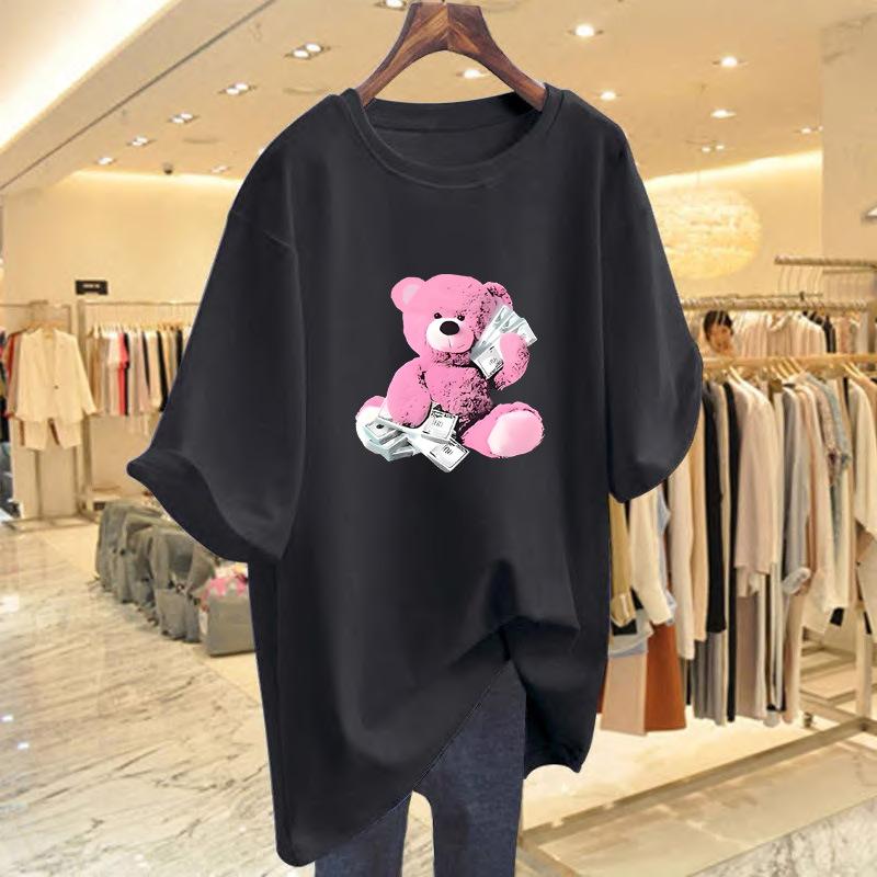 Bear print cotton short-sleeved t-shirt for women's summer new loose round neck medium and long top for women