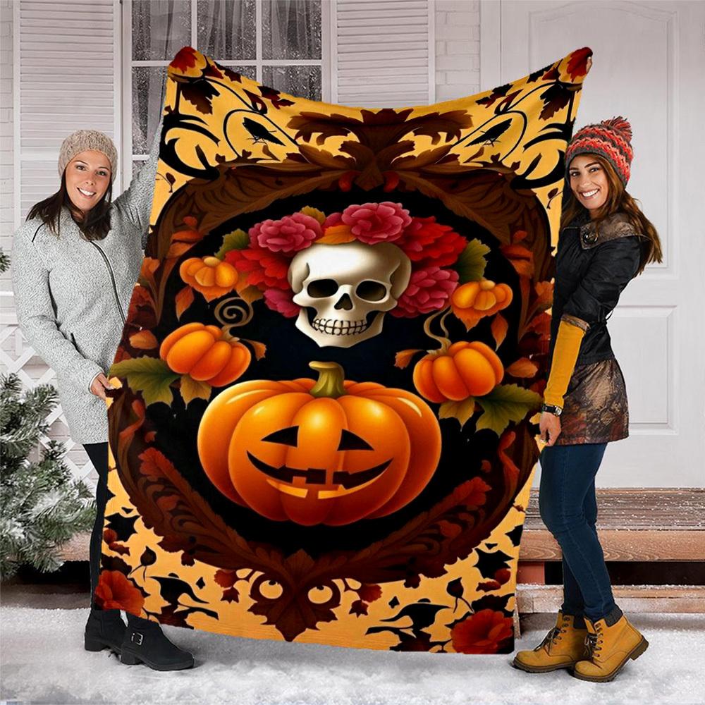 1pc Pumpkin Skull Art Print Outdoor Blanket, Lightweight Polyester,