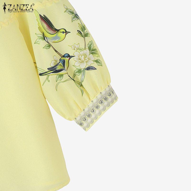 ZANZEA Women Lace Splice Round Neck 3/4 Sleeve Loose Print Blouse