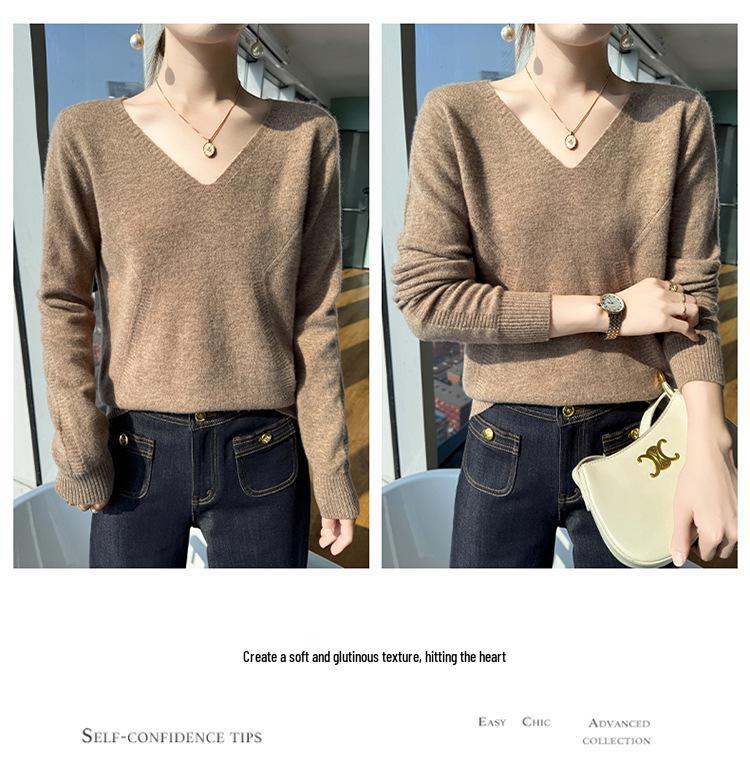 Women's V-Neck Wool Sweater: Slim Fit, Long Sleeve, Knit Base Layer for Autumn & Winter