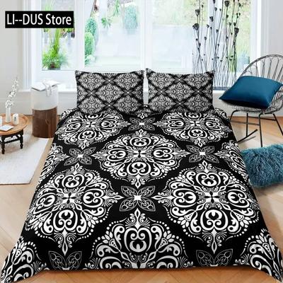 Ensemble de housse de couette Damas Noir Adulte King, Ensemble de literie Baroque Victorien Ancien Housse de couette Florale Vintage Gothique Bohème Exotique