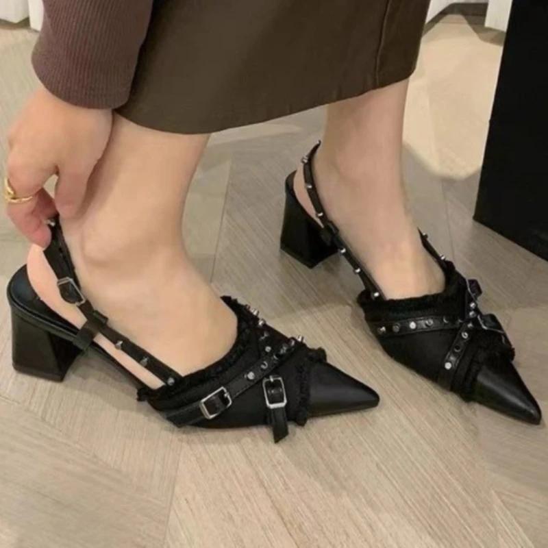 New in Sexy Fashion T-Strap Ladies Heels Shoes Female Slides Pointed Toe Mules Rivet Women Thin High Heels Shoes Footwear