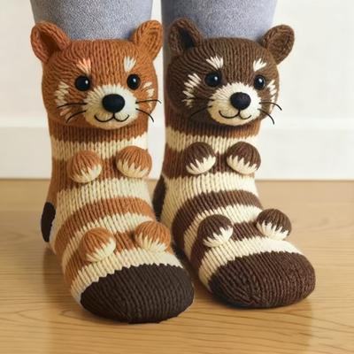 3D Animal Knitted Socks Warm Cute Crew Socks Hand Crocheted Animal Doll Floor Socks Holiday Birthday Gift for Women Girls