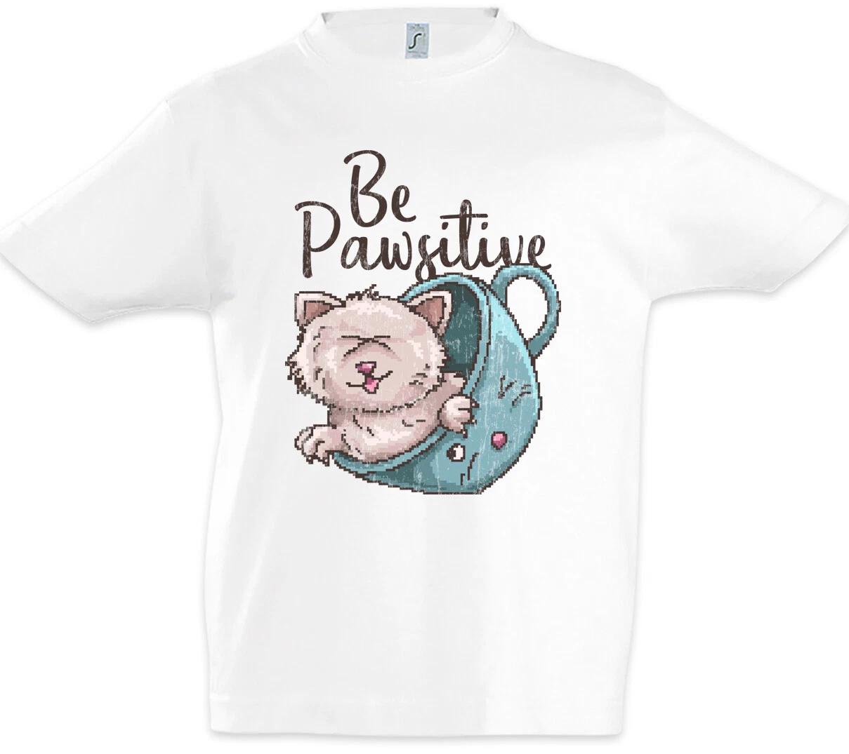 Be Pawsitive Kids Boys T-Shirt Pixel Retro Geek Nerd Cat Cats Fun Love- 110