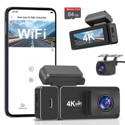 CHORTAU New Version Dashcam, Front and Rear Cameras, 4K UHD 8MP + 1080P Full HD HDR/WDR Correction, 5G WIFI, 170-degree Wide Angle View, 64GB Card Inc