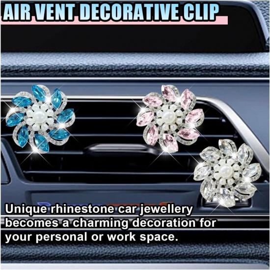 3PCS Bling Diamond Flower Car Air Vent Clips, Cute Crystal Rhinestone Interior Clip-On Air Conditioning Outlet Decoration, Car Vent Clip Charm for
