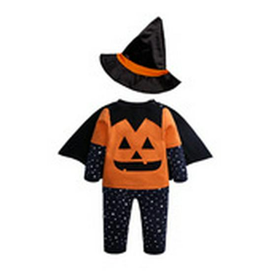 Halloween Skull Print Baby Romper with Bat Shape and Pumpkin Design, Includes Hat