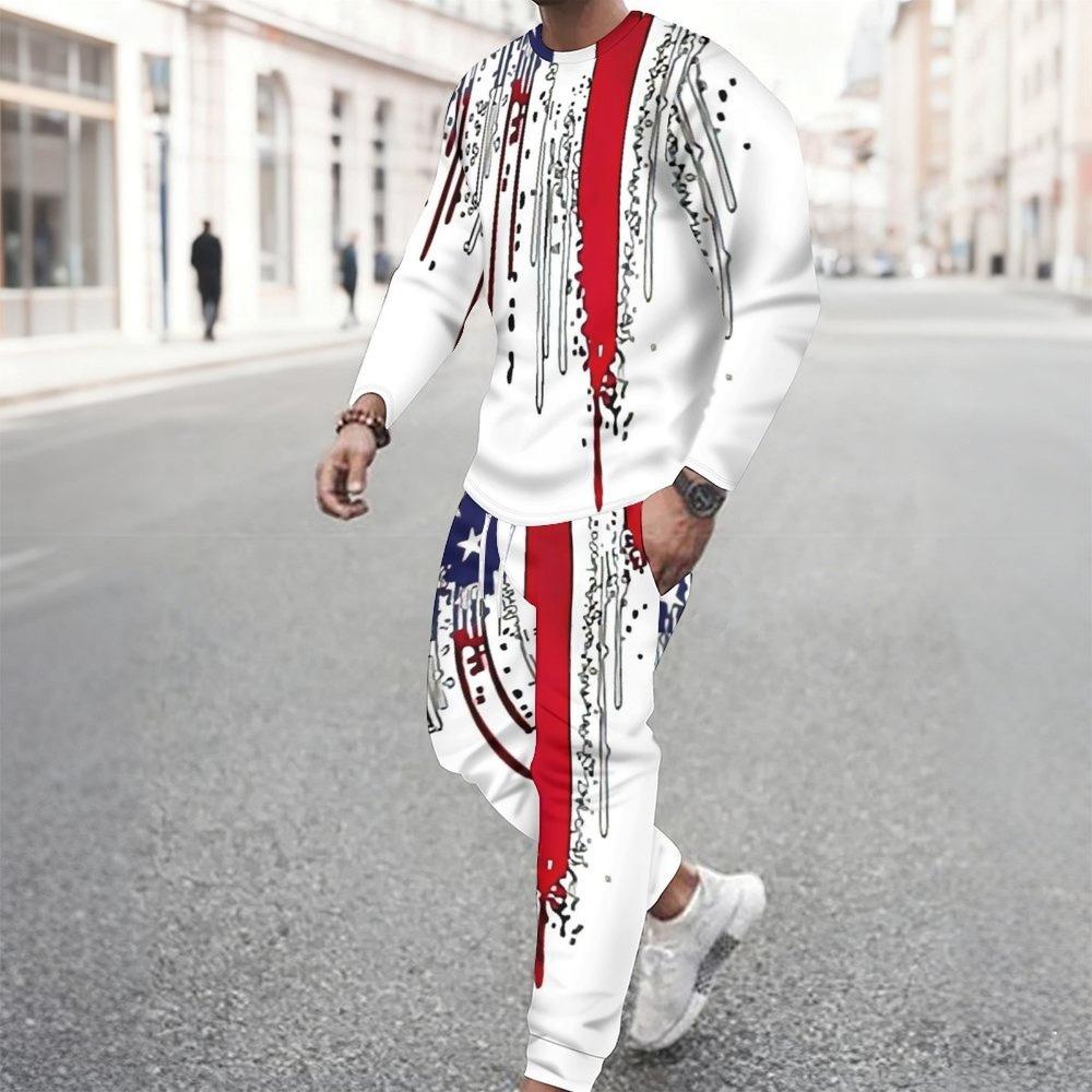 Men Print Two Piece Outfit Crew Neck Sweatshirt Drawstring Jogger Pants Casual Daily Tracksuit Set