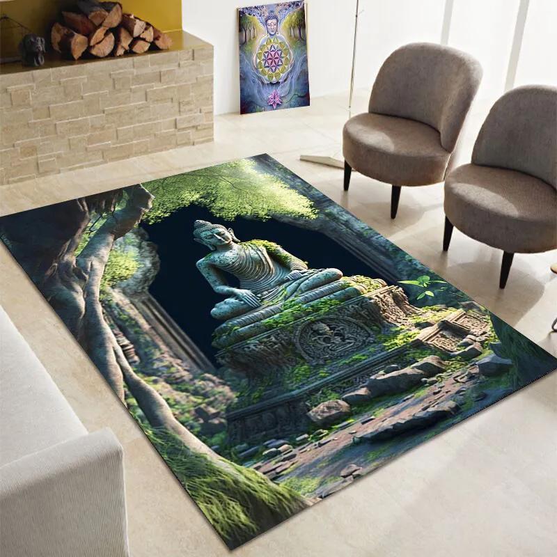 Buddha Teppich, Buddhismus Bereichsteppiche für Schlafzimmer Wohnzimmer Eingangsbereich, Buddha Statue Muster Meditation Bodenmatte Rutschfester Yoga Teppich