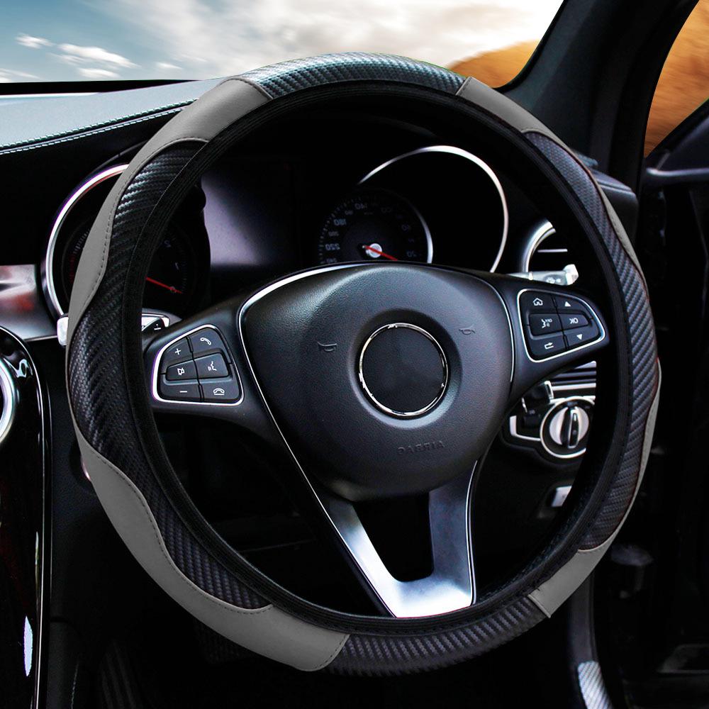 Comfortable Wear-Resistant Carbon Fiber Leather Steering Wheel Cover for 14.5-15 Inch Universal Female Cars.