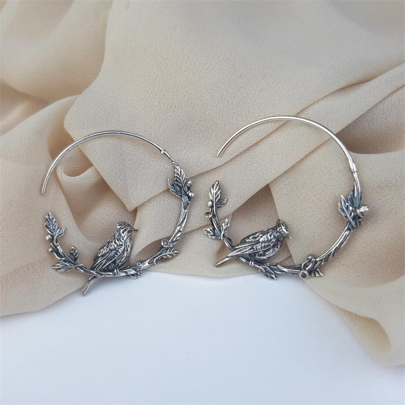Retro Metal Carved Flower and Bird Hoop Earrings