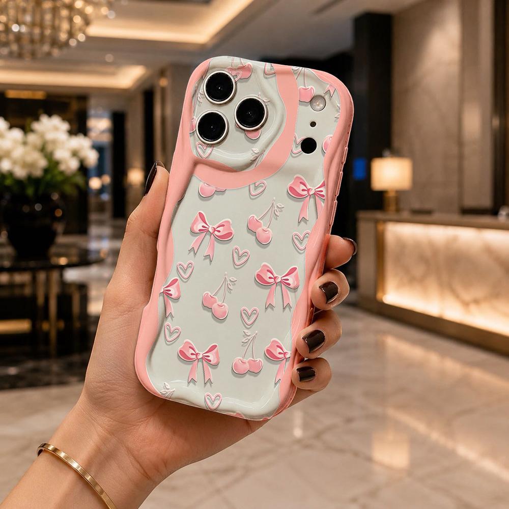 Pink Bow Cherry Heart Contrast Phone Case for iPhone 17 16 15 14 13 12 11 Pro Max Plus Wavy Edge Cute Cover
