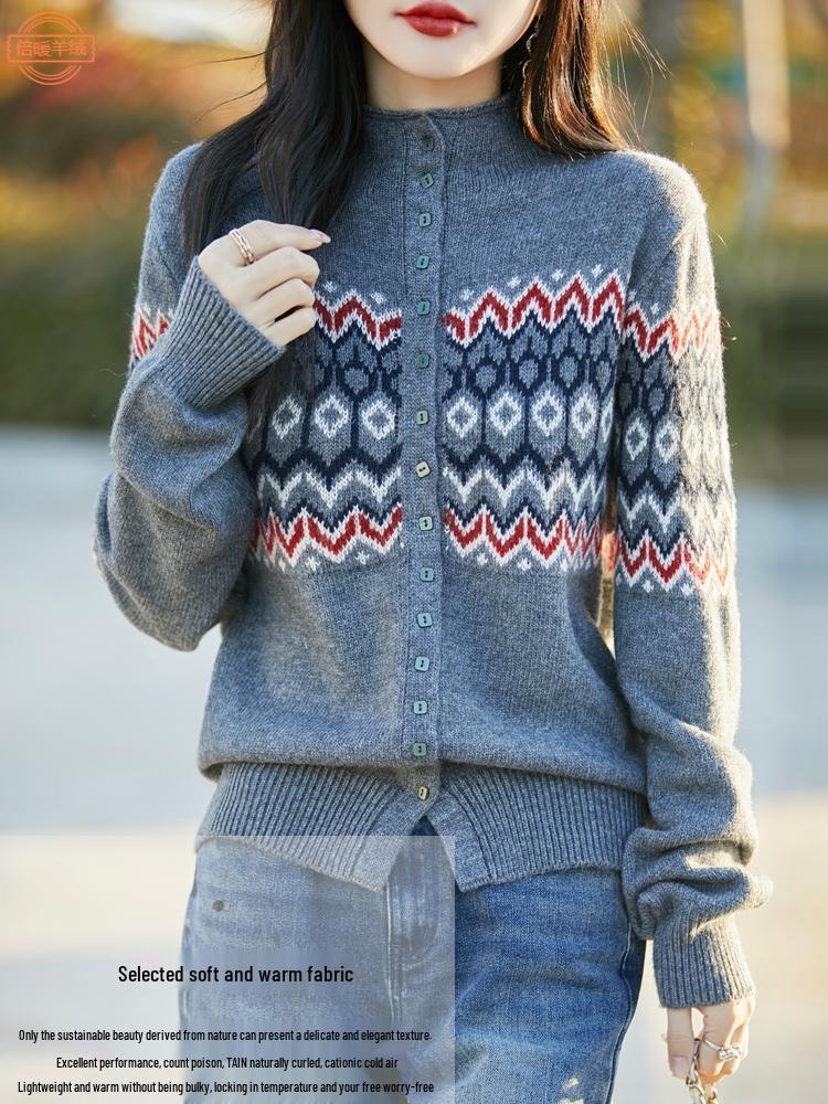 Chic Textured Color Block Jacquard Sweater: Women's Semi-High Neck Loose Knit Cardigan for Spring & Autumn
