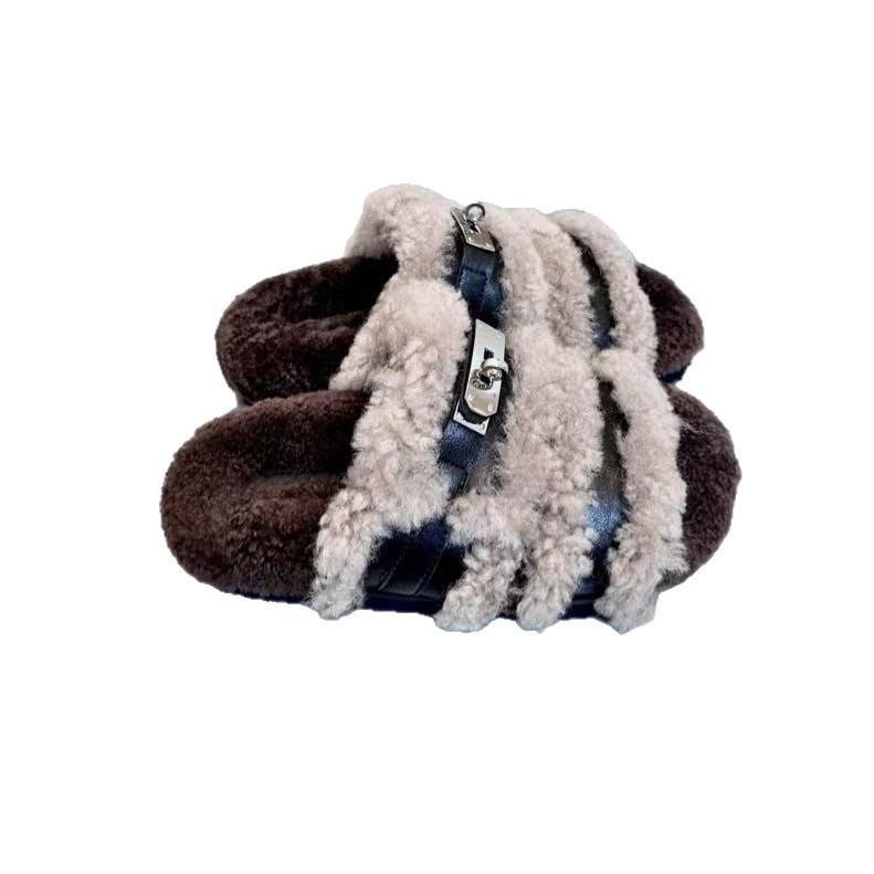 European metal buckle open-toed fluffy slippers women's 2025 new comfortable and lightweight one-pedal thermal slippers