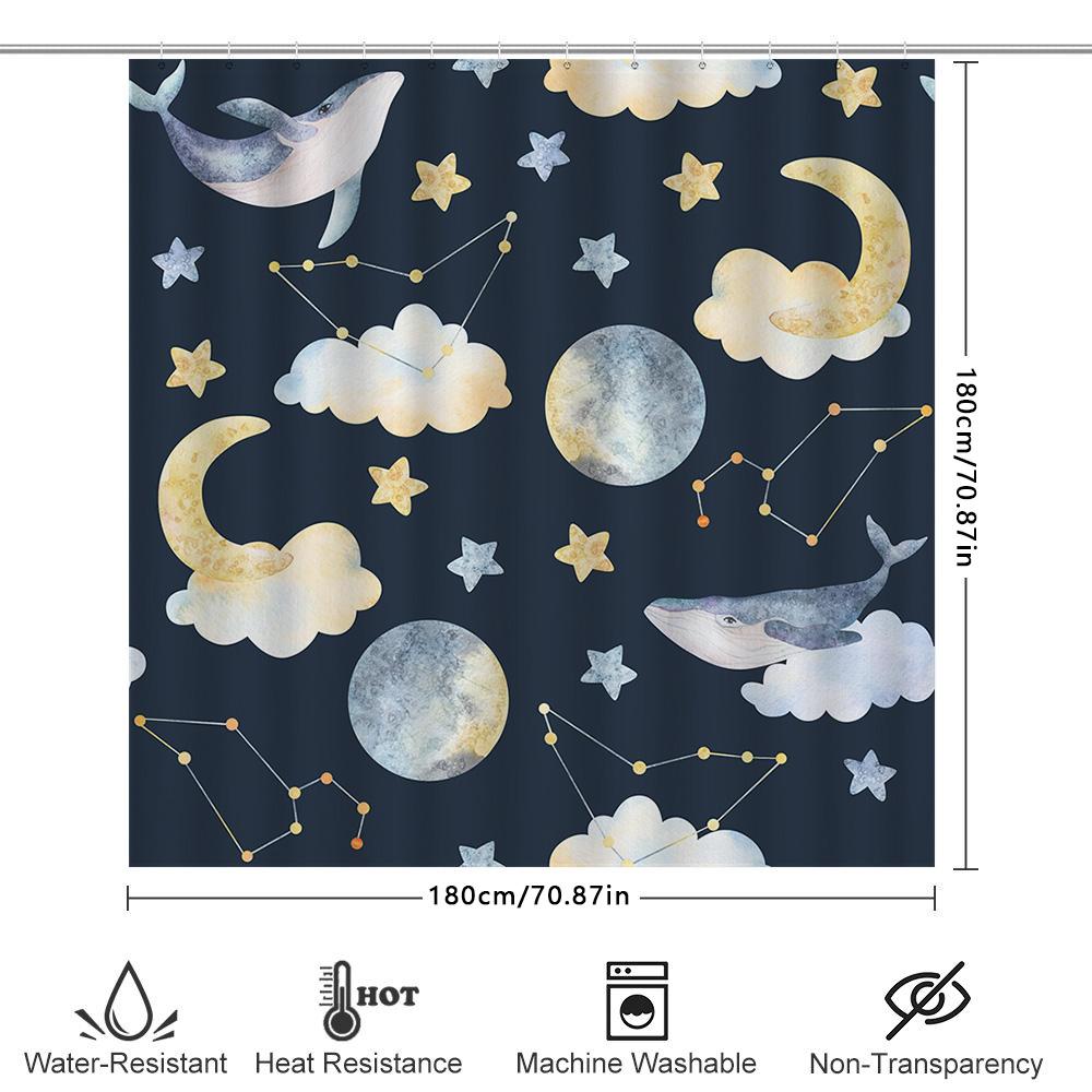 Whimsical Moon Star Print Shower Curtain Navy Blue Background with Whales, Clouds Constellations Perfect for Bath Decor!