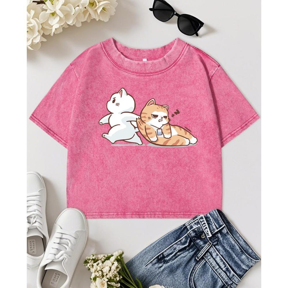 

Спасите Спящего Кота Мультяшный Принт Женская Выстиранная Футболка Слим Y2K Хлопковый Укороченный Топ Футболка с Коротким Рукавом XL