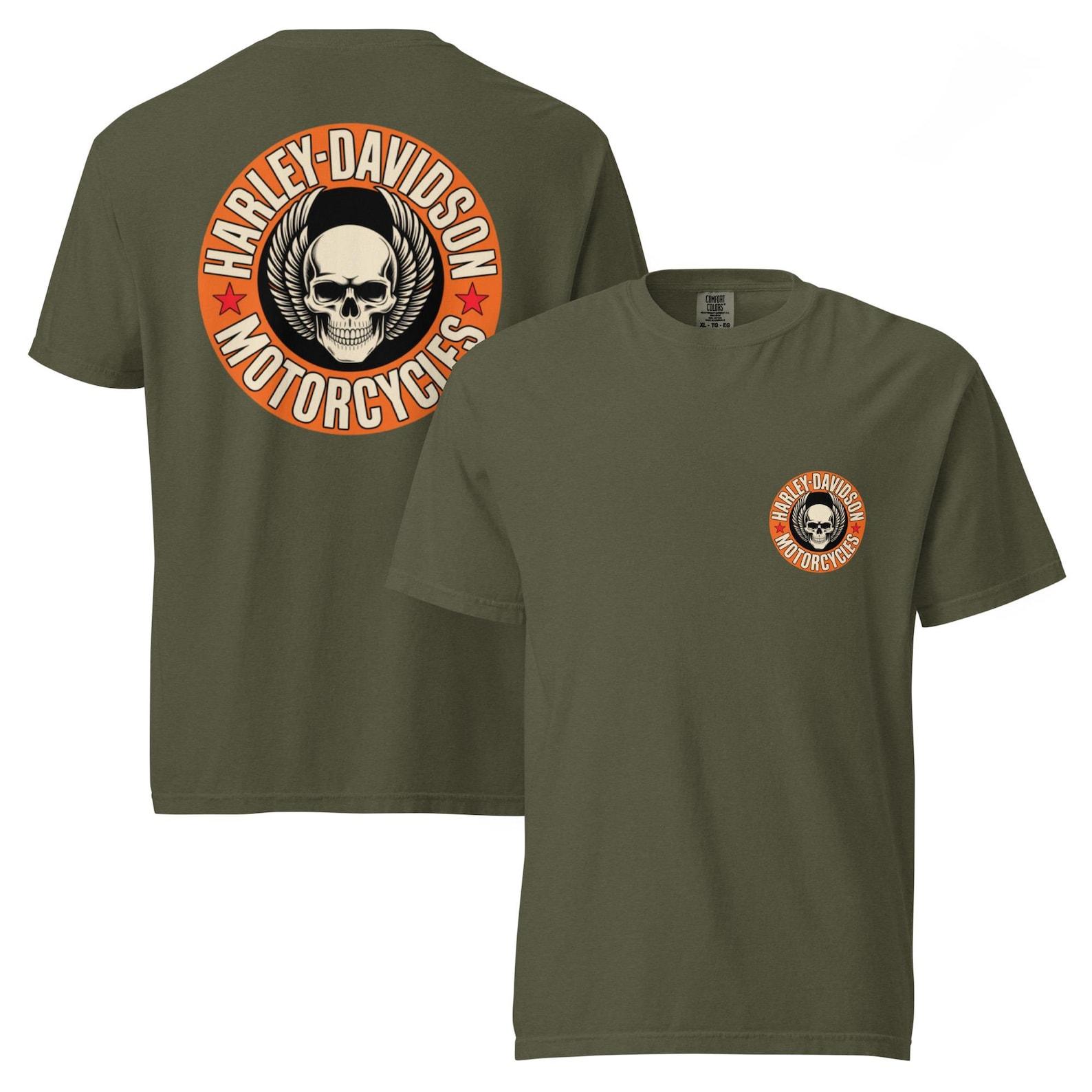 Unisex garment-dyed harley davidson skull heavyweight short sleeve T shirt L