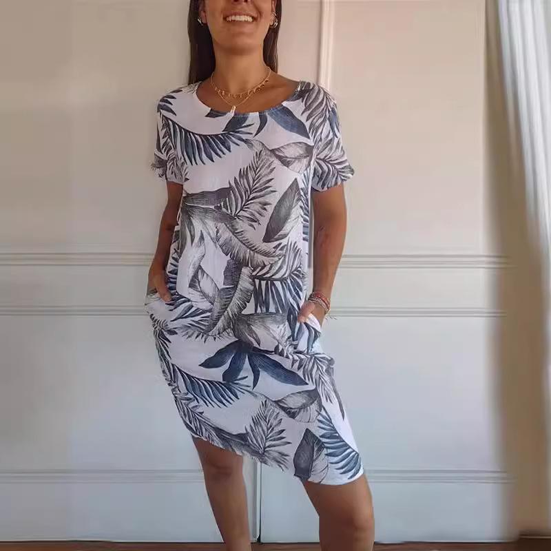 Women's Short-sleeved Round Neck Printed Pocket Loose Retro Short Dress