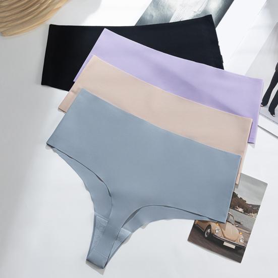 Women High Waisted Seamless Thongs Control Solid Color Breathable Tummy Panties Stretch Ladies Ice Silk Brief