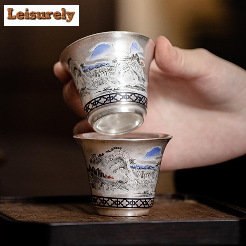 50ml Boutique Beautiful Mountains Waters Teacup Handmade Silver Plated Ceramic Small Cup Personal Master Cup Tea Bowl Drinkware