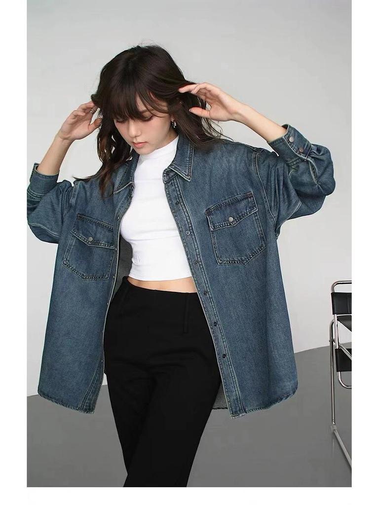 Unisex Vintage American Retro Blue Denim Shirt Jacket 2025 - Long Sleeve, Suitable for Spring, Autumn, and Winter