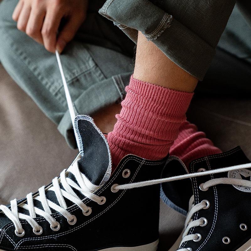 5 Pairs of Men's Retro Sweat-absorbing Vertical Striped Plain Color Cotton Mid Calf Socks
