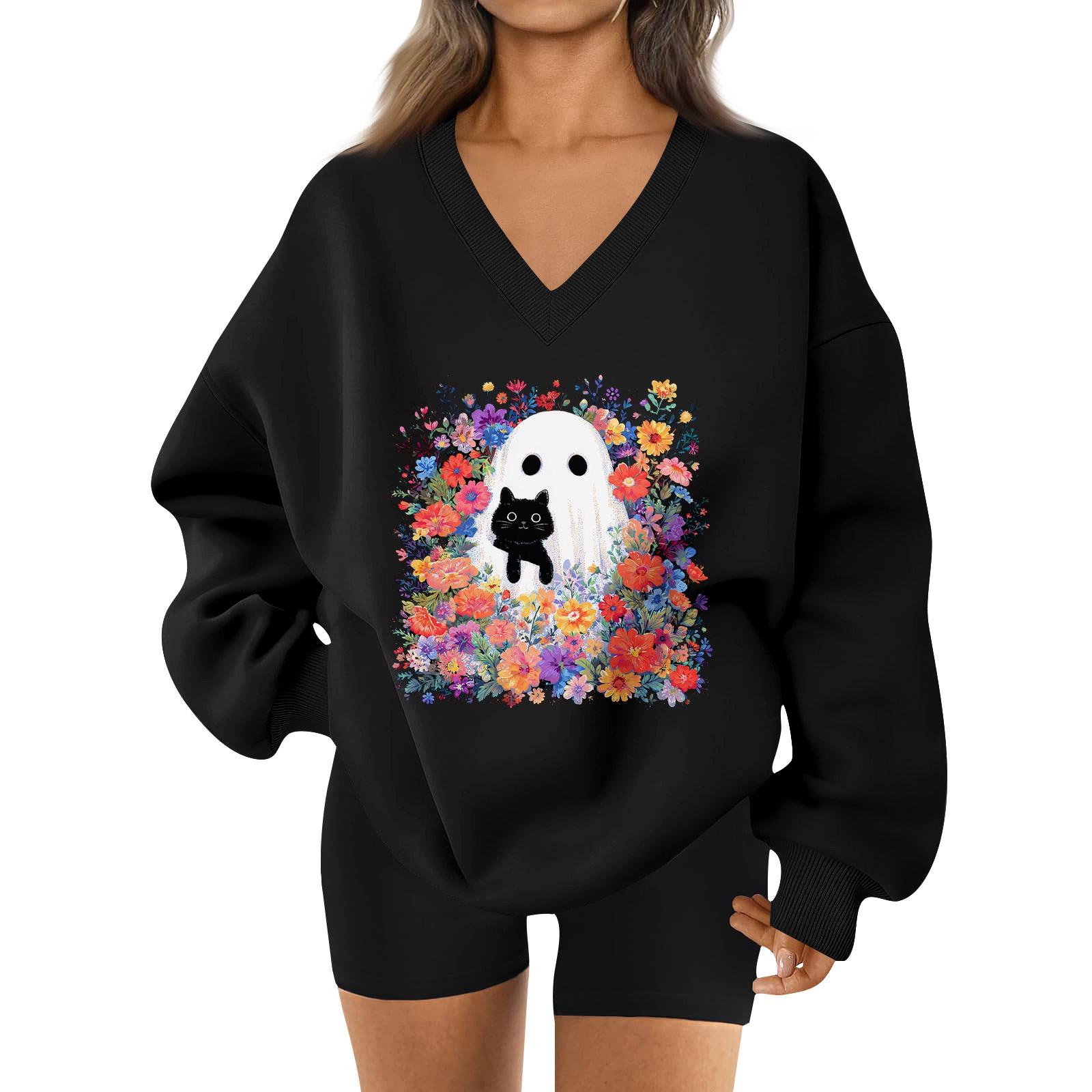 

Женский спортивный свитшот с V-образным вырезом, приспущенным плечом и принтом на Хэллоуин XL