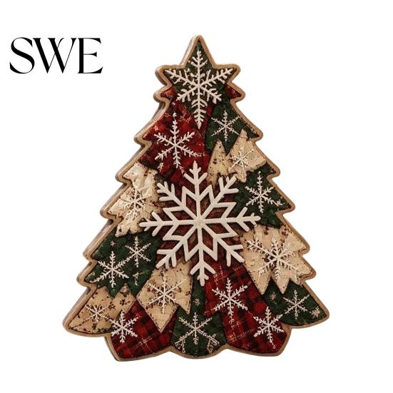 Wooden Holiday Party Decor Quilted Christmas Tree Table Sign, 2D Flat Fabric Patchwork Pattern Desktop Reusable Xmas Sign Ornament, Rustic Farmhouse