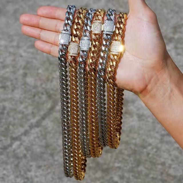 Gold Necklace Jewelry Stainless Steel Diamond Clasp Cuban Link Gold Plated Chain for Men