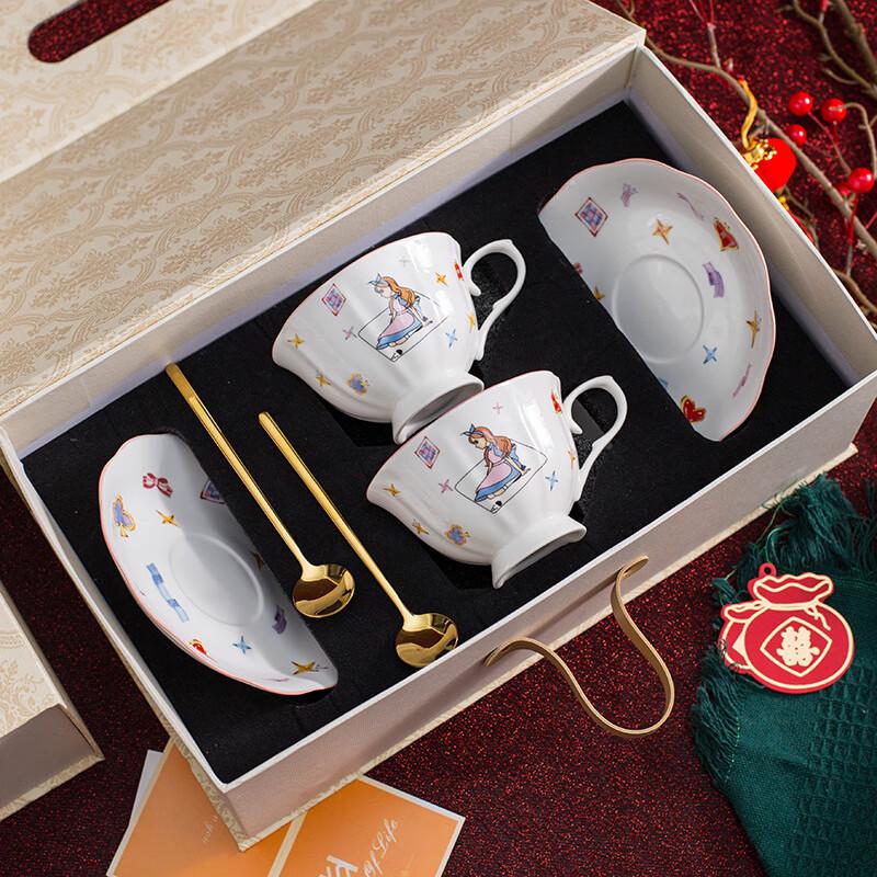 LIU Alice Ceramic Coffee & Tea Set Double Cup, Spoon & Saucer Gift Set