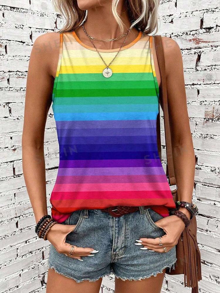 2026 New Striped Print Women's Elegant Tank Top Summer Street Fashion Tank Top Everyday Casual Women's Sleeveless T-shirt