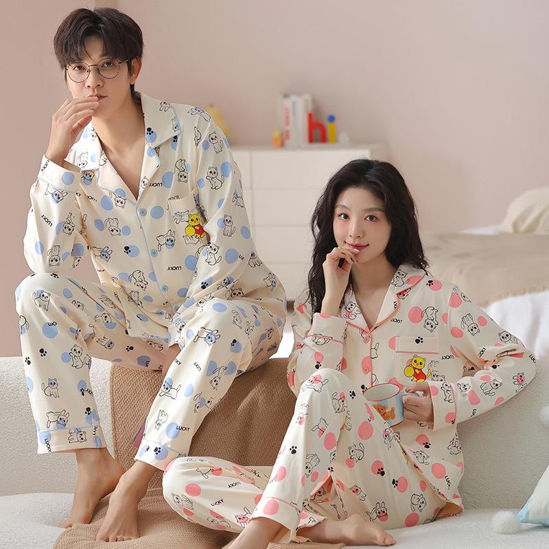 Autumn/Winter 2025 Cute Cartoon Couple Pajamas Set with Long Sleeves