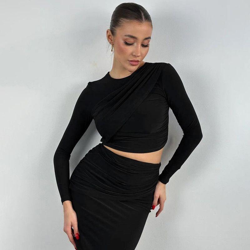 Western Style Women clothes 2025 Autumn and Winter Foreign Trade New round Neck Long sleeve Crop Slim fit Skirt Two-piece Suit