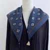 Women's Retro Navy Blue Floral Silk Wool Tassel Scarf - Versatile and Decorative 2025