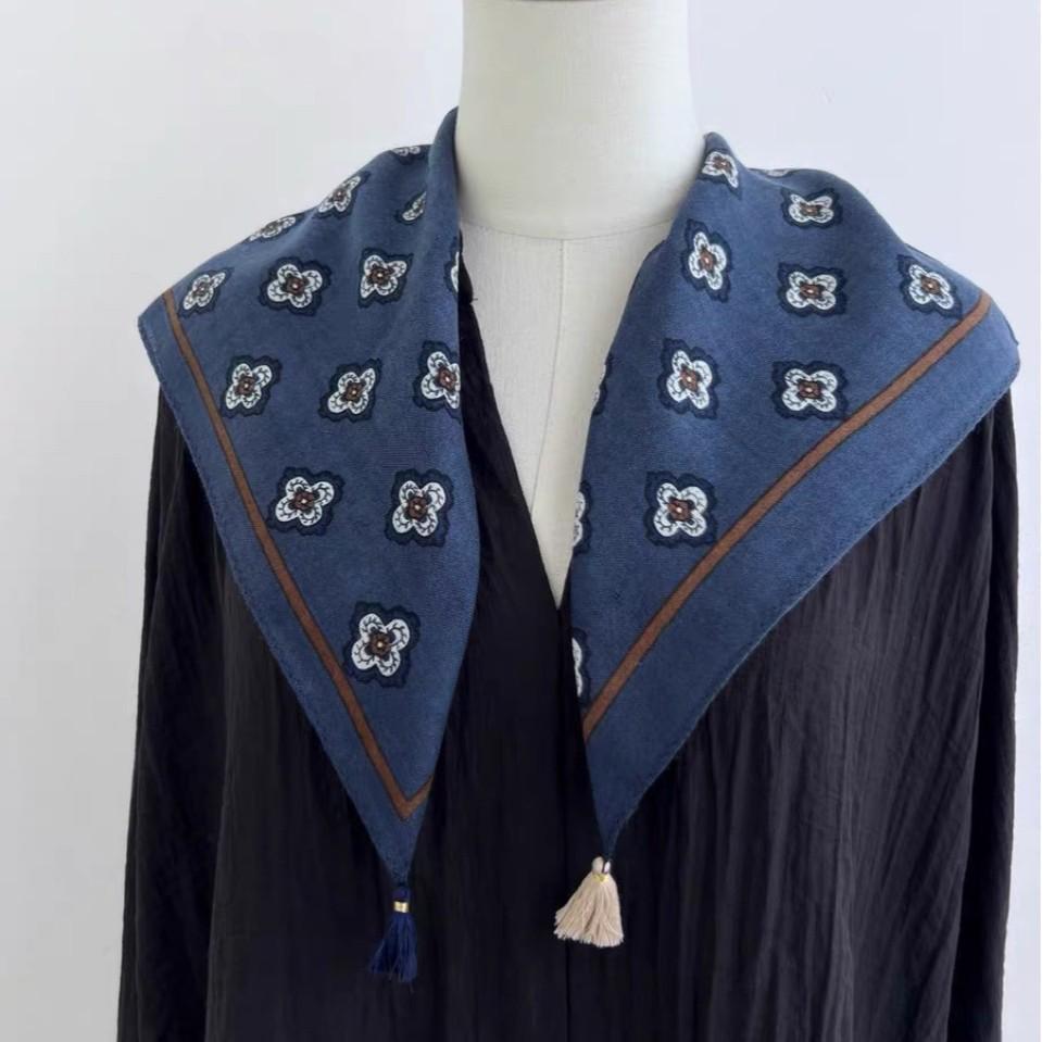 Women's Retro Navy Blue Floral Silk Wool Tassel Scarf - Versatile and Decorative 2025