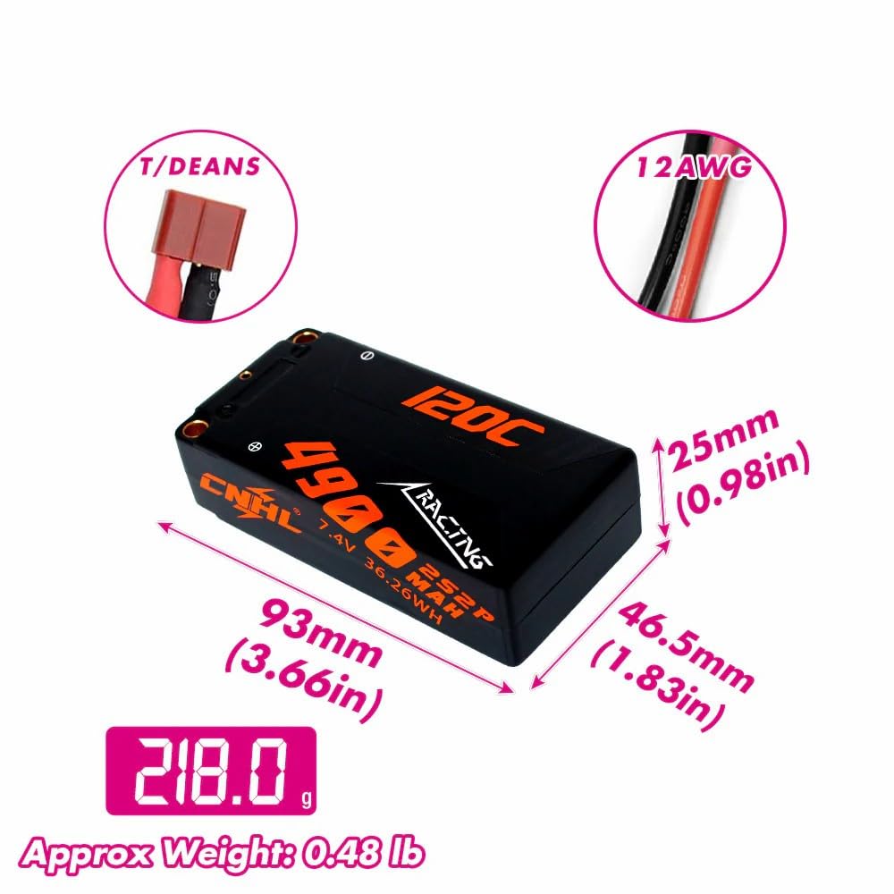 CNHL Racing Series 7.4V 2S 4900mAh 120C240C Li-Po Battery with T-Type Plug, High Discharge Rate, High Capacity, Short Li-Po for RC Cars