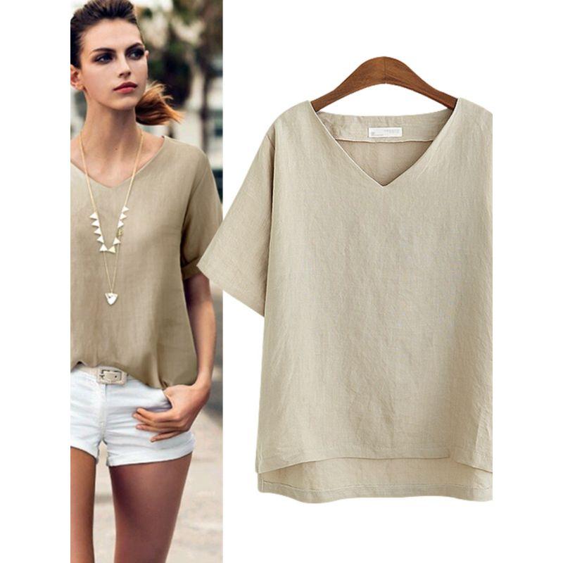 

Neck Loose Slim Looking Plus Size Casual Bottoming Shirt European and American Summer New Arrival Cotton and Linen Women s Short-Sleeved T-shirt Women Khaki M
