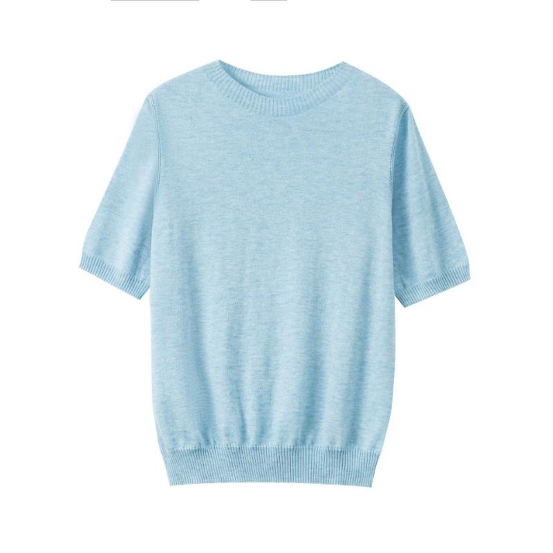 

Knock good-looking gold silk hollow round neck short-sleeved knitted sweater women s summer thin casual inner slim bottoming shirt L небесно-голубой