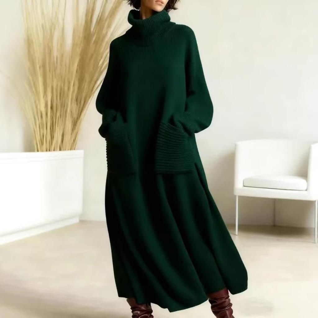 New European American Style Turtleneck Knit Dress Loose With Pockets