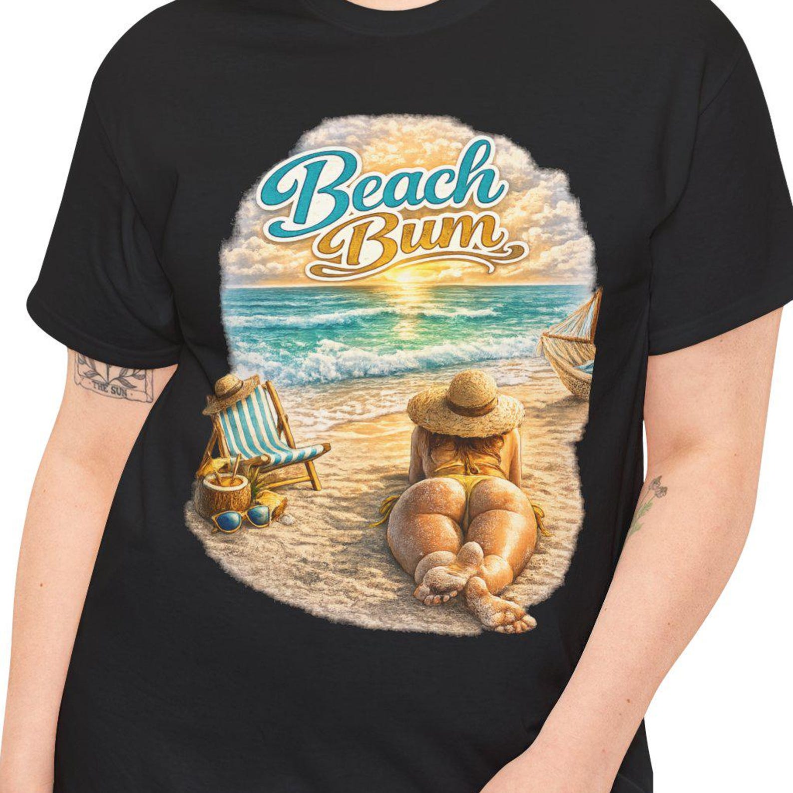 Beach Bum Sunset T-Shirt | Relaxing Seaside Chair, Straw Hat, Ocean Waves XL