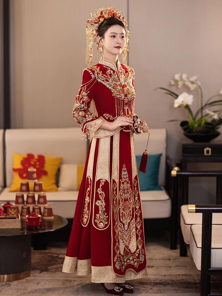 2026 Xiuhe Velvet Bride's Departure Dress - High-End Chinese Wedding & Toasting Attire for Couples