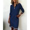 Women S Casual Long Sleeve Turn Down Collar Color Block Dress With Zipper Pocket