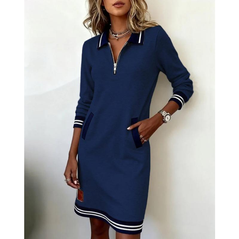 Women S Casual Long Sleeve Turn Down Collar Color Block Dress With Zipper Pocket