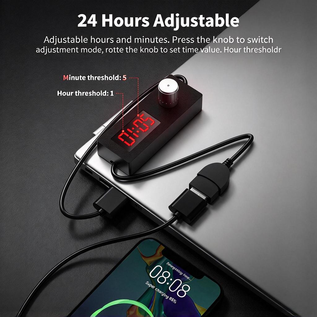 USB 24H Timing Power Off Switch, Adjustable Countdown Timer, Auto Power Cut Off for USB Charger, Desk Lamp, Fish Tank Equipment