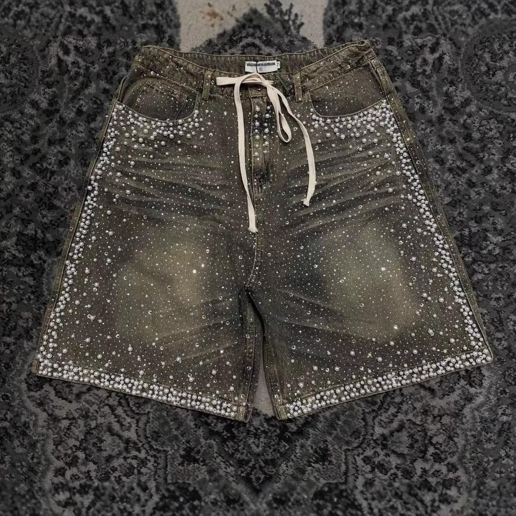 Street Hot Drill Full Diamond Denim Shorts European and American Heavy Industry Old American Retro Loose Straight Five Points