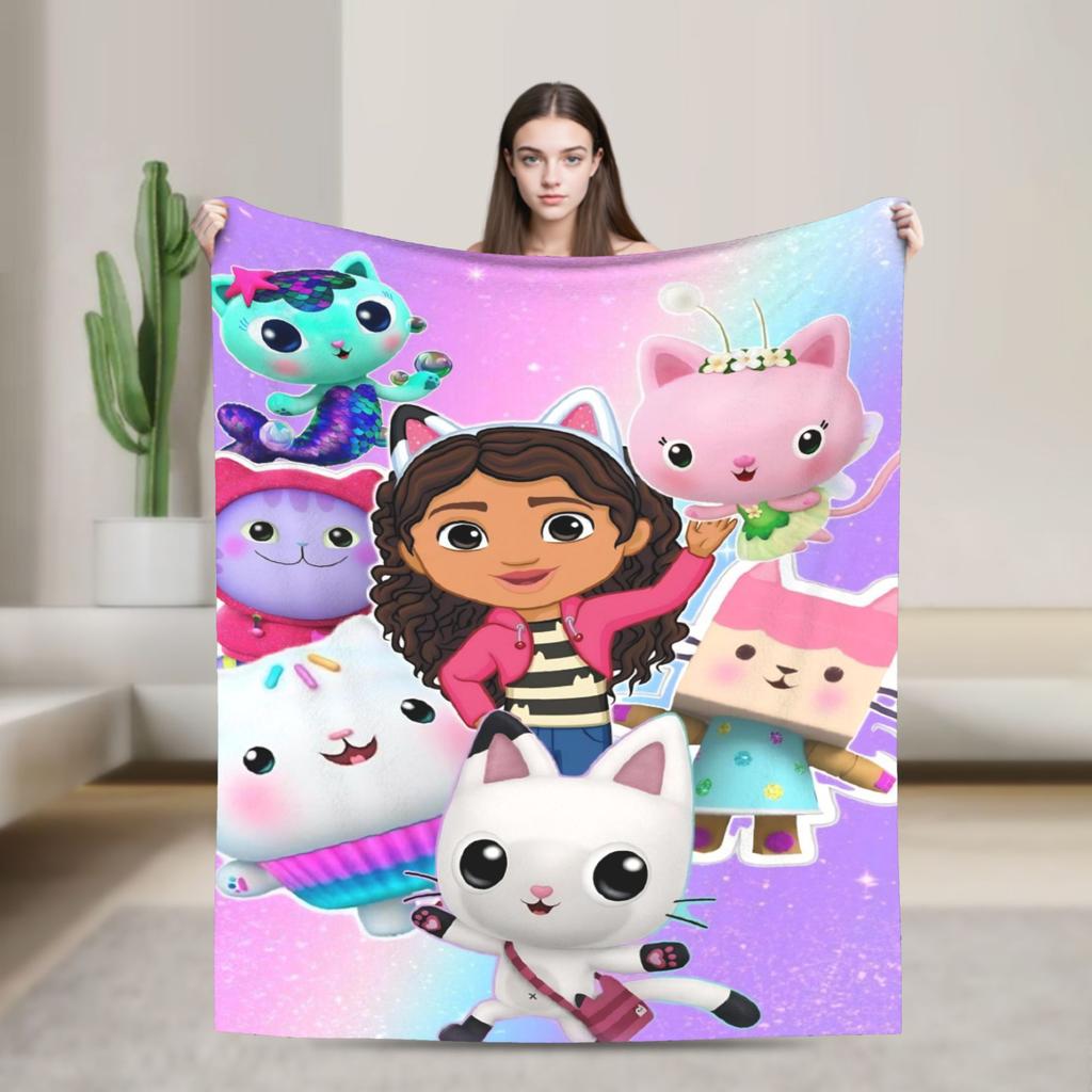 Cartoon Cute Gabby Dollhous Flannel Blanket Soft Durable Bedding Throws for Bedroom Picnic Fluffy Bedspread Sofa Bed Cover