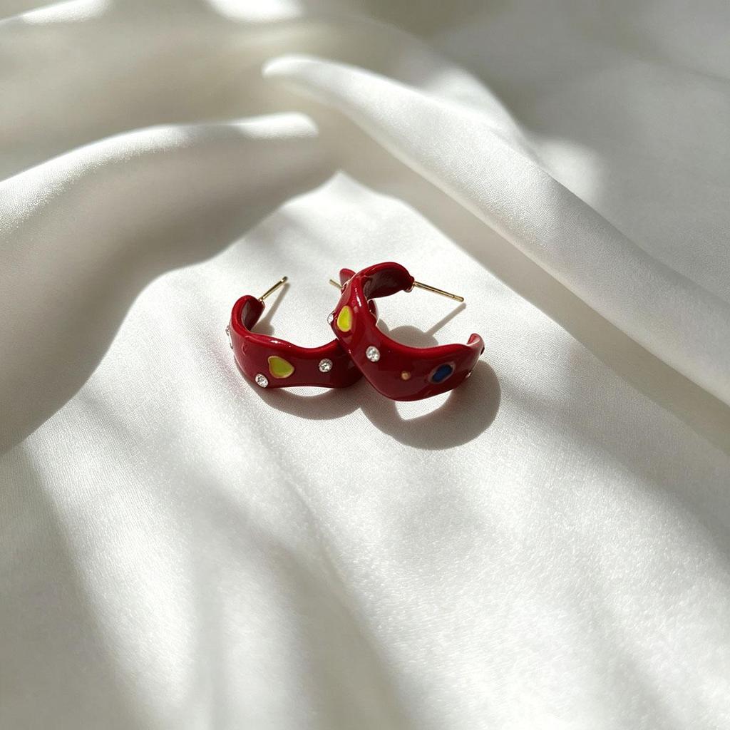 Vintage Red Glaze C-Shape Design Stud Earrings for Women, Gentle Atmosphere Versatile Daily Temperament Ear Hoop, Unique Ear Accessory